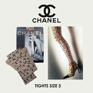 CHANEL Tights Size 3 New Beige & Black CC logos Stockings Pantyhose